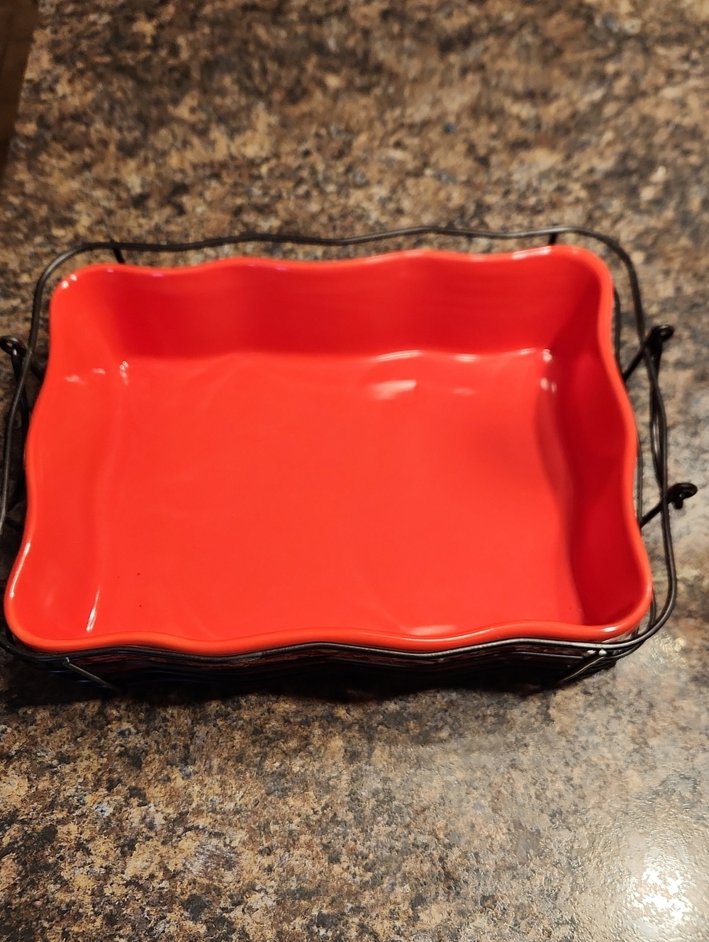 Like New Temptations Red Ceramic Serving Dish with Wire Basket